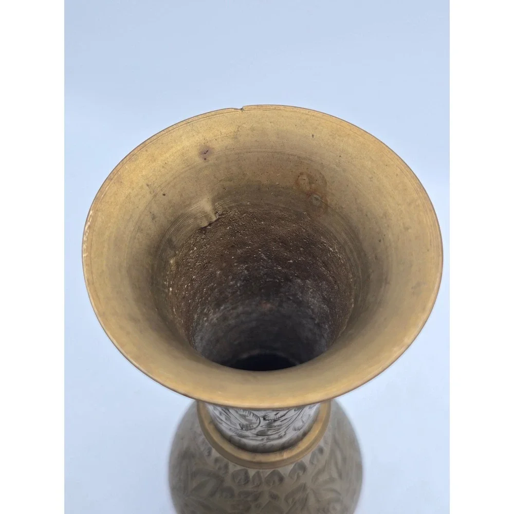 Vintage Etched Brass Vase Floral Hand Engraved Made in India 8.5 Inch Boho Decor